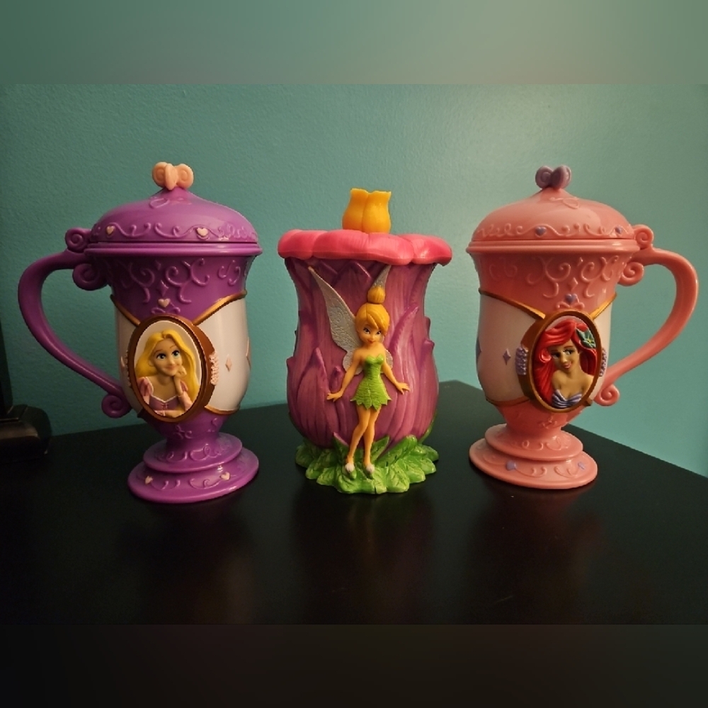 3 Plastic Souvenir Disney Princess Tinker Bell Cups Mugs With Flip Top